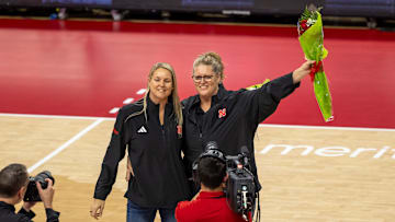 Former Nebraska volleyball players Lisa Reitsma Rautenberg and Stephanie Thater Brown were honored during the Oregon match on Sunday. The pair was part of the 2025 NU Athletics Hall of Fame class.
