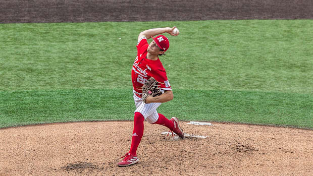 Nebraska pitcher Ty Horn delivers at Maryland on April 26, 2025.