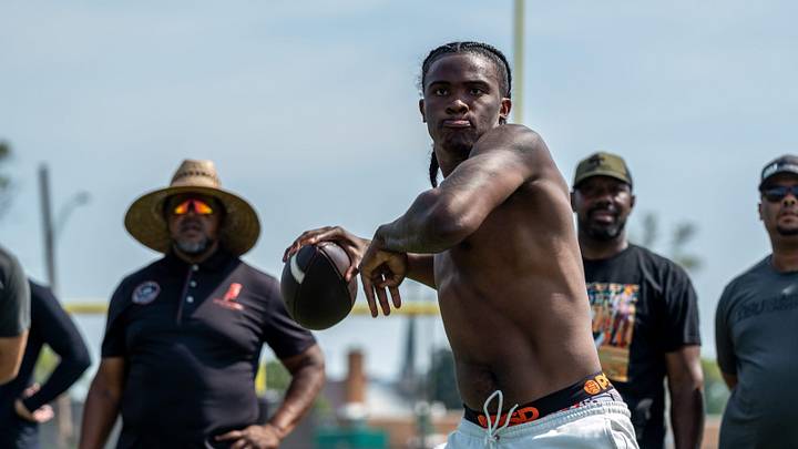 Bryce Underwood, 17, a freshman quarterback at Michigan and the nation’s No. 1 recruit in the 2025 class, participates in a football drill during a private workout in Detroit on Saturday, June 21, 2025.