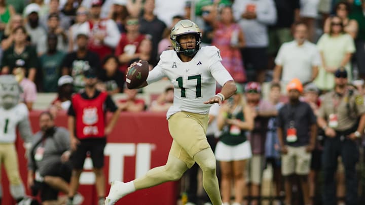 Sep 7, 2024; Tuscaloosa, Alabama, USA; South Florida Bulls quarterback Byrum Brown (17) prepares to throw against the Alabama Crimson Tide during the first quarter at Bryant-Denny Stadium. Mandatory Credit: William McLelland-Imagn Images