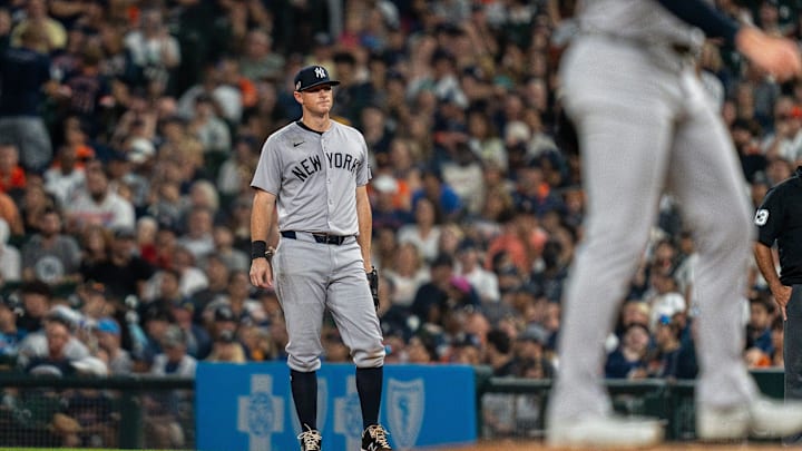 New York Yankees first baseman DJ LeMahieu (26) stands near first base during the ninth inning of the game against the Detroit Tigers at Comerica Park in Detroit on Friday, Aug. 16, 2024.