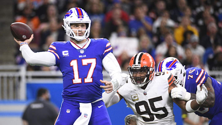 Nov 20, 2022; Detroit, Michigan, USA; Buffalo Bills quarterback Josh Allen (17) drops back to throw the ball as guard Rodger Saffold (76) blocks Cleveland Browns defensive end Myles Garrett (95) during the first half at Ford Field. Mandatory Credit: Tim Fuller-Imagn Images Nov 20, 2022; Detroit, Michigan, USA; Buffalo Bills quarterback Josh Allen (17) drops back to throw the ball as guard Rodger Saffold (76) blocks Cleveland Browns defensive end Myles Garrett (95) during the first half at Ford Field. Mandatory Credit: Tim Fuller-Imagn Images