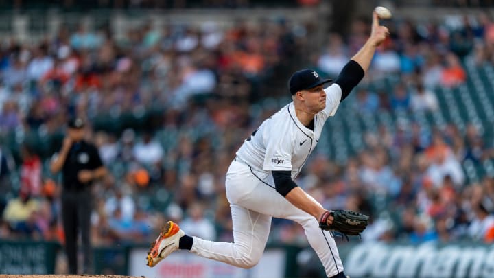 Detroit Tigers pitcher Tarik Skubal (29) delivers a pitch against the Seattle Mariners at Comerica Park in Detroit on Tuesday, Aug. 13, 2024.