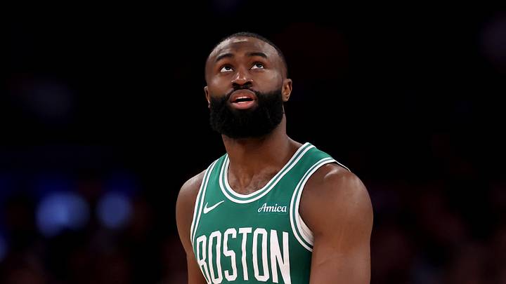 May 16, 2025; New York, New York, USA; Boston Celtics guard Jaylen Brown (7) reacts during the second quarter of game six in the second round of the 2025 NBA Playoffs against the New York Knicks at Madison Square Garden. Mandatory Credit: Brad Penner-Imagn Images