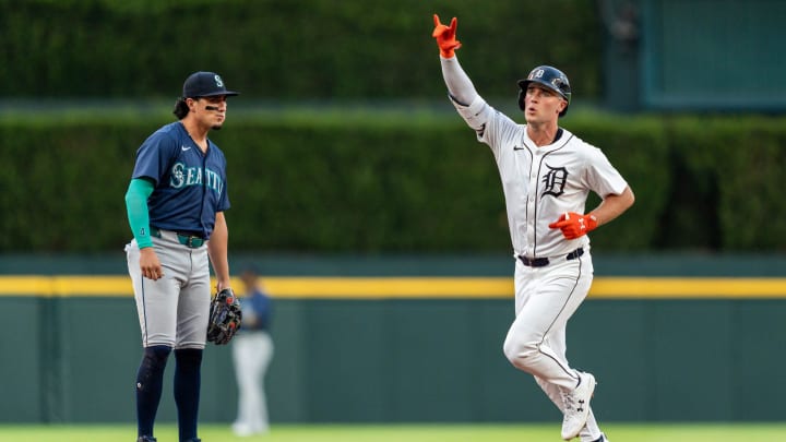 Detroit Tigers designated hitter Kerry Carpenter celebrates after hitting a home run against the Seattle Mariners on Tuesday at Comerica Park.