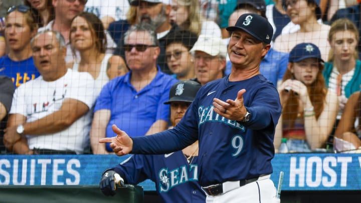 Seattle Mariners manager Scott Servais (9) reacts to a caught foul-tip for a strikeout by left fielder Randy Arozarena (56, not pictured) against the Detroit Tigers during the fourth inning at T-Mobile Park on Aug 8.