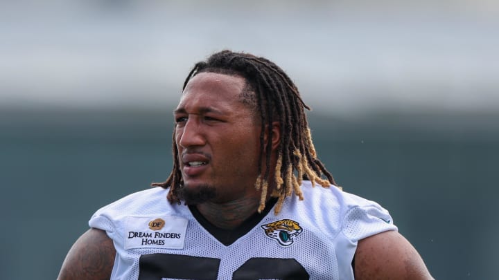 Jul 26, 2024; Jacksonville, FL, USA; Jacksonville Jaguars linebacker Trevis Gipson (50) participates in training camp at Miller Electric Center. Mandatory Credit: Nathan Ray Seebeck-USA TODAY Sports