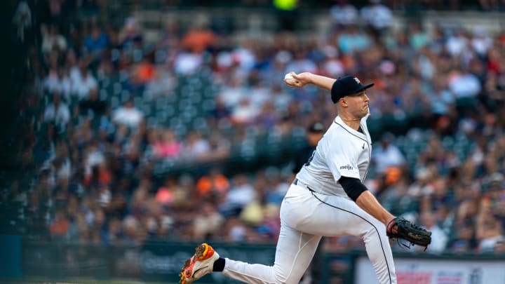 Detroit Tigers pitcher Tarik Skubal (29) delivers a pitch against the Seattle Mariners at Comerica Park in Detroit on Tuesday, Aug. 13, 2024.