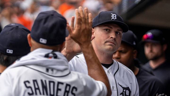 Tigers' starting pitcher Tarik Skubal celebrates in the dugout with his teammates after pitching his last inning against the Baltimore Orioles at Comerica Park in Detroit on Wednesday, July 29, 2026.  It will be the final time he will pitch for Detroit this season.