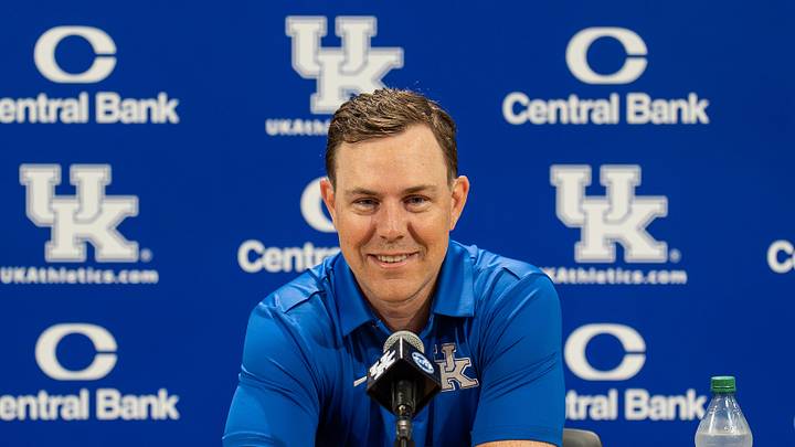 Kentucky head football coach Will Stein speaks during a news conference before the start of fall camp in Lexington, Ky., on Aug. 3, 2026. Stein discussed the Wildcats' offseason preparation and the start of preseason practice.