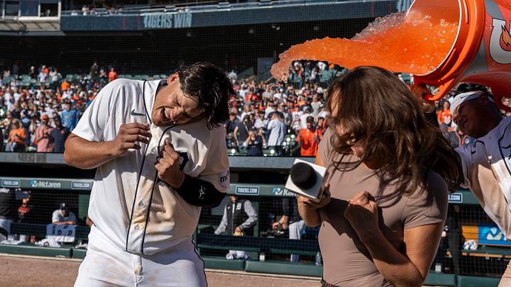 Detroit Tigers catcher Eduardo Valencia (32) is splashed with Gatorade during an interview after helping bring in the win against the Pittsburgh Pirates at Comerica Park in Detroit on Saturday, Sept. 26, 2026.