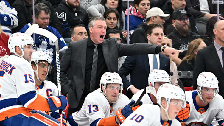 Feb 5, 2024; Toronto, Ontario, CAN;   New York Islanders head coach Patrick Roy gestures as he