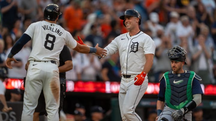 Detroit Tigers Kerry Carpenter (30) celebrates after hitting a home run against the Seattle Mariners at Comerica Park in Detroit on Tuesday, Aug. 13, 2024.