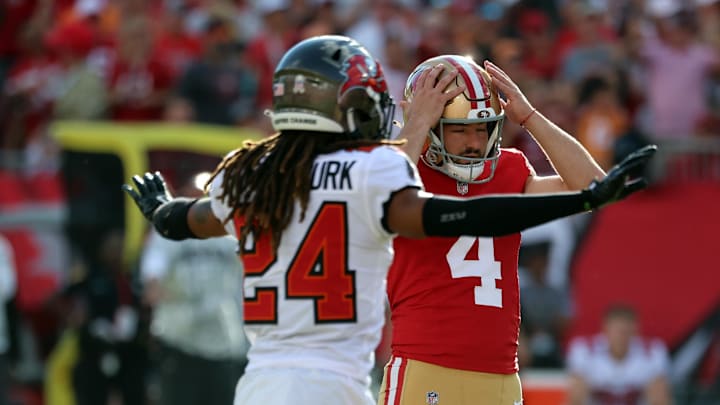 San Francisco 49ers place kicker Jake Moody (4) misses the field goal as Tampa Bay Buccaneers cornerback Tyrek Funderburk (24) celebrates 