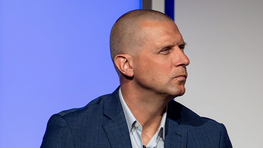 Kentucky head basketball coach Mark Pope listened while Louisville basketball coach Pat Kelsey spoke at the 2024 Leadership Louisville Luncheon at the Kentucky International Convention Center in downtown Louisville on Wednesday, August 28, 2024.