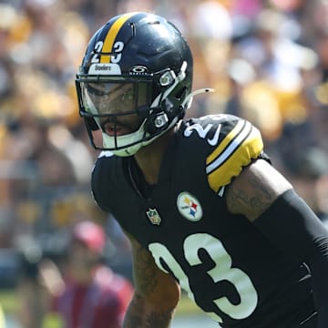 Sep 14, 2025; Pittsburgh, Pennsylvania, USA;  Pittsburgh Steelers cornerback Darius Slay (23) in action against the Seattle Seahawks during the third quarter at Acrisure Stadium. Mandatory Credit: Charles LeClaire-Imagn Images