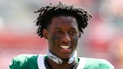 Sept. 21, 2025; Tampa, Florida, USA; New York Jets cornerback Sauce Gardner (1) looks on before a game against the Tampa Bay Buccaneers at Raymond James Stadium.