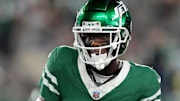 Sep 19, 2024; East Rutherford, New Jersey, USA; New York Jets cornerback Sauce Gardner (1) dances as he warms up before a game against the New England Patriots at MetLife Stadium. Mandatory Credit: Brad Penner-Imagn Images