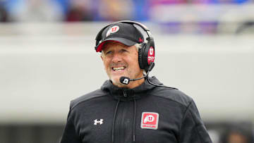 Utah Utes head coach Kyle Whittingham reacts during the second half against the Kansas Jayhawks at David Booth Kansas Memorial Stadium.