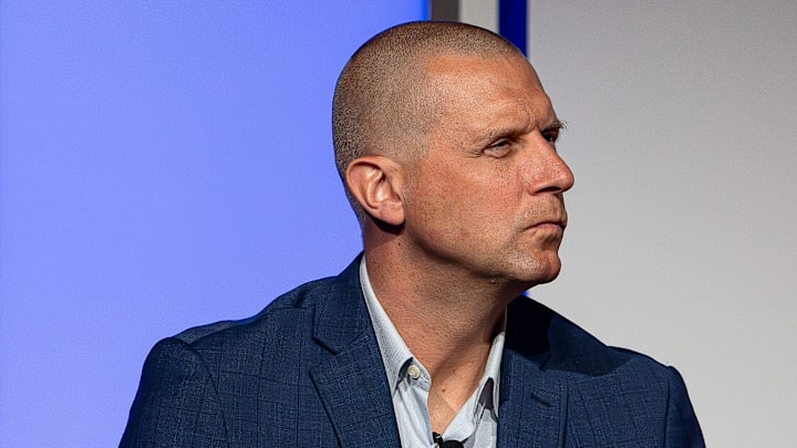 Kentucky head basketball coach Mark Pope listened while Louisville basketball coach Pat Kelsey spoke at the 2024 Leadership Louisville Luncheon at the Kentucky International Convention Center in downtown Louisville on Wednesday, August 28, 2024.