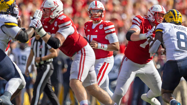 Nebraska quarterback Dylan Raiola looks for a receiver during the second quarter against Michigan on Sept. 20, 2025.