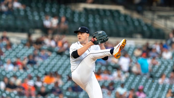 Detroit Tigers pitcher Tarik Skubal (29) pitches against the Seattle Mariners at Comerica Park in Detroit on Tuesday, Aug. 13, 2024.