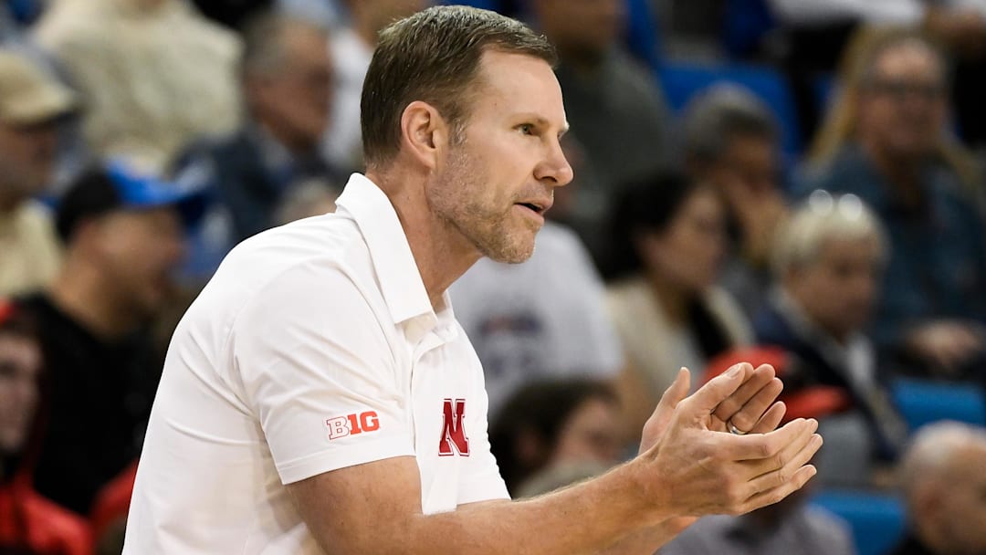 Mar 3, 2026; Los Angeles, California, USA; Nebraska Cornhuskers head coach Fred Hoiberg cheers on his team during the first half against the UCLA Bruins at Pauley Pavilion presented by Wescom Financial. Mandatory Credit: Robert Hanashiro-Imagn Images