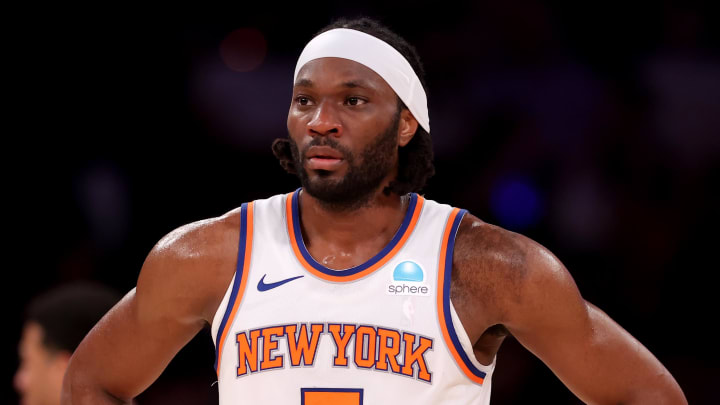 May 19, 2024; New York, New York, USA; New York Knicks forward Precious Achiuwa (5) reacts during the second quarter of game seven of the second round of the 2024 NBA playoffs against the Indiana Pacers at Madison Square Garden. Mandatory Credit: Brad Penner-USA TODAY Sports