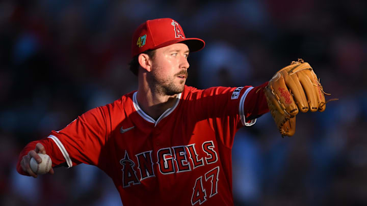 Aug 17, 2024; Anaheim, California, USA; Los Angeles Angels pitcher Griffin Canning (47) throws a pitch against the Atlanta Braves during the first inning at Angel Stadium. Mandatory Credit: Jonathan Hui-Imagn Images