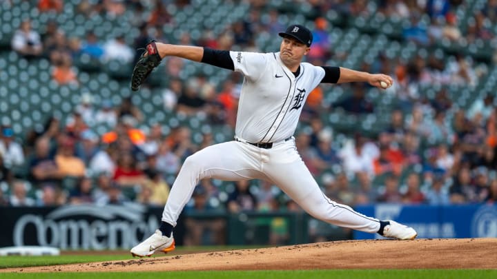 Detroit Tigers pitcher Tarik Skubal (29) delivers a pitch against the Seattle Mariners at Comerica Park in Detroit on Tuesday, Aug. 13, 2024.