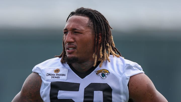 Jul 26, 2024; Jacksonville, FL, USA; Jacksonville Jaguars linebacker Trevis Gipson (50) participates in training camp at Miller Electric Center. Mandatory Credit: Nathan Ray Seebeck-USA TODAY Sports