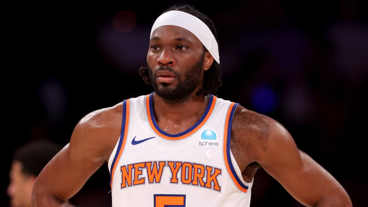 May 19, 2024; New York, New York, USA; New York Knicks forward Precious Achiuwa (5) reacts during the second quarter of game seven of the second round of the 2024 NBA playoffs against the Indiana Pacers at Madison Square Garden. Mandatory Credit: Brad Penner-USA TODAY Sports