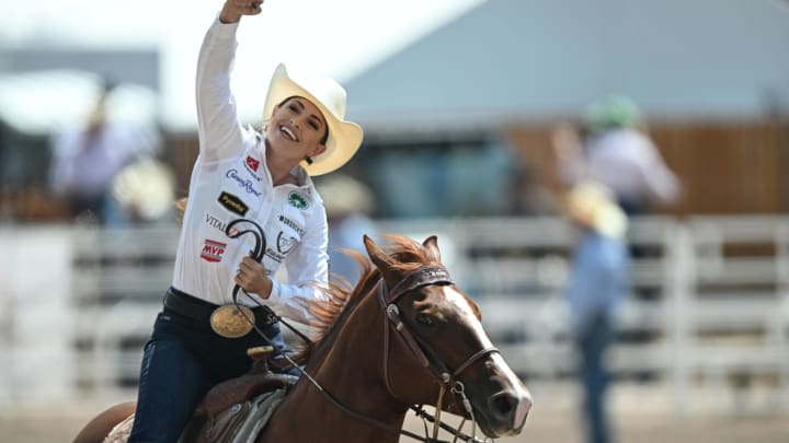 Shelby Boisjoli-Meged was all smiles after winning the breakaway championship at the 2024 Cheyenne Frontier Days Rodeo. Throughout the competition she earned $16,280. 