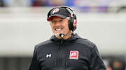 Utah Utes head coach Kyle Whittingham reacts during the second half against the Kansas Jayhawks at David Booth Kansas Memorial Stadium.