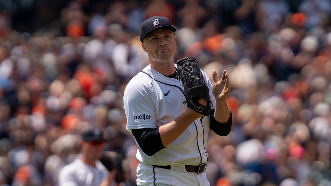 Detroit Tigers starting pitcher Tarik Skubal (29) looks at the fans after delivering his 1,000 strikeout against the Baltimore Orioles during the first inning at Comerica Park in Detroit on Wednesday, July 29, 2026.