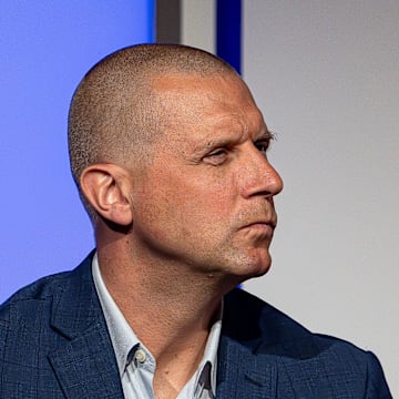 Kentucky head basketball coach Mark Pope listened while Louisville basketball coach Pat Kelsey spoke at the 2024 Leadership Louisville Luncheon at the Kentucky International Convention Center in downtown Louisville on Wednesday, August 28, 2024.