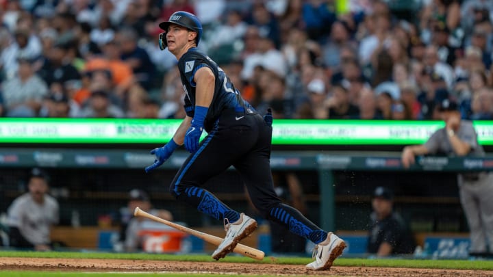 Detroit Tigers Trey Sweeney (27) drops his bat after hitting the ball against the New York Yankees at Comerica Park in Detroit on Friday, Aug. 16, 2024.