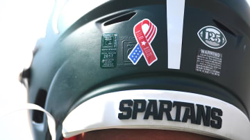 Sep 11, 2021; East Lansing, Michigan, USA; A detail view of a Michigan State Spartans helmet before