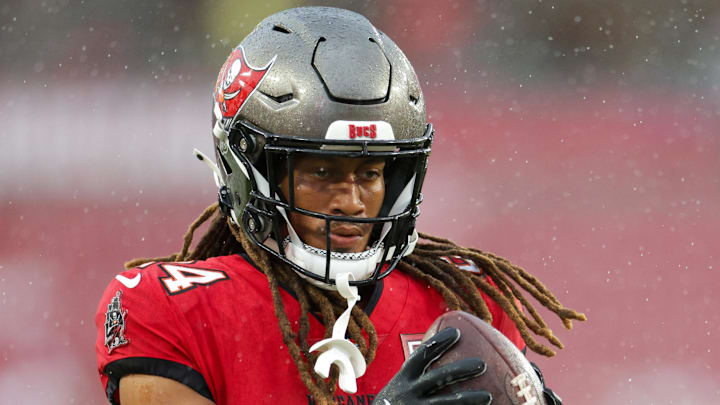 Aug 9, 2025; Tampa, Florida, USA;Tampa Bay Buccaneers cornerback Tyrek Funderburk (24) warms up before a preseason game against the Tennessee Titans at Raymond James Stadium. Mandatory Credit: Nathan Ray Seebeck-Imagn Images