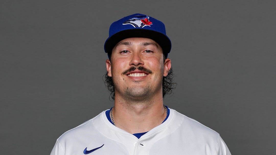 Feb 20, 2026; Dunedin, FL, USA; Toronto Blue Jays pitcher Nate Garkow (96) poses for a photo during media day at the Player Development Complex. Mandatory Credit: Mike Watters-Imagn Images