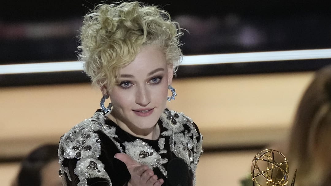 Sep 12, 2022; Los Angeles, CA, USA; Julia Garner accepts the award for outstanding supporting actress in a drama series for her role in the Netflix program Ozark during the 74th Emmy Awards at the Microsoft Theater in Los Angeles on Sept. 12, 2022. Mandatory Credit: Robert Hanashiro-USA TODAY Sep 12, 2022; Los Angeles, CA, USA; Julia Garner accepts the award for outstanding supporting actress in a drama series for her role in the Netflix program Ozark during the 74th Emmy Awards at the Microsoft Theater in Los Angeles on Sept. 12, 2022. Mandatory Credit: Robert Hanashiro-USA TODAY