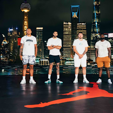 Orlando Magic forward Paolo Banchero stands with Boston Celtics forward Jayson Tatum, Dallas Mavericks guard Luka Doncic and New Orleans Pelicans forward Zion Williamson on the Jordan Brand's China Family Tour.