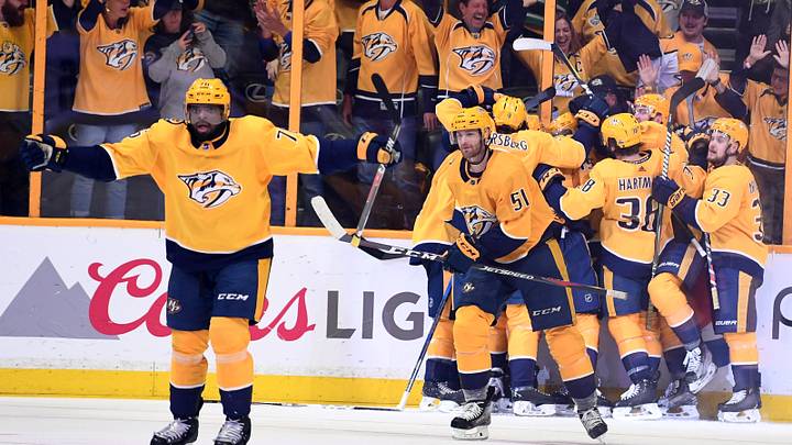 Apr 29, 2018; Nashville, TN, USA; Nashville Predators players celebrate after the game winning goal by left wing Kevin Fiala (22) in the second overtime against the Winnipeg Jets in game two of the second round of the 2018 Stanley Cup Playoffs at Bridgestone Arena. Mandatory Credit: Christopher Hanewinckel-USA TODAY Sports