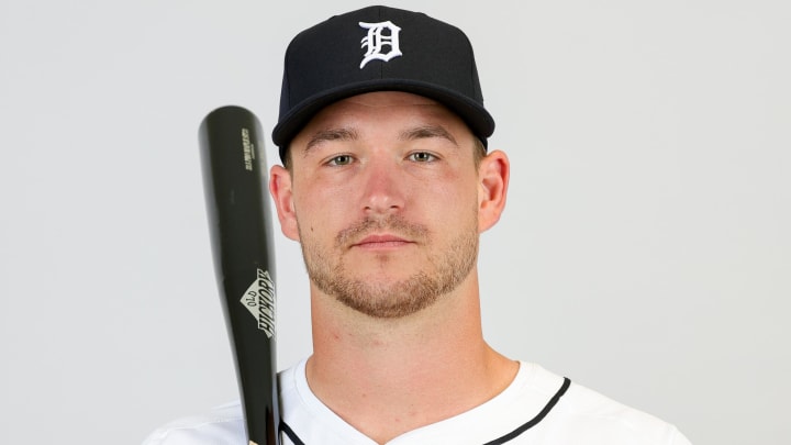 Feb 23, 2024; Lakeland, FL, USA; Detroit Tigers catcher Dillon Dingler (38) poses for a photo during photo day at Joker Marchant stadium.  Mandatory Credit: Mike Watters-USA TODAY Sports