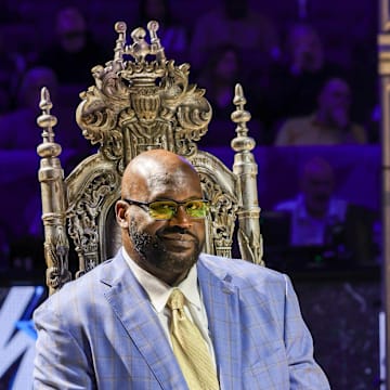 Feb 13, 2024; Orlando, Florida, USA; Shaquille O'Neal during a ceremony to retire his #32 jersey at Amway Center. Mandatory Credit: Mike Watters-Imagn Images