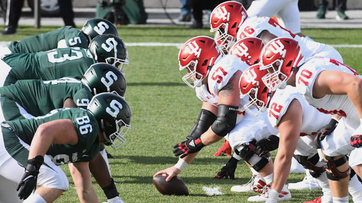 Nov 14, 2020; East Lansing, Michigan, USA; Indiana Hoosiers offensive line lines up against us