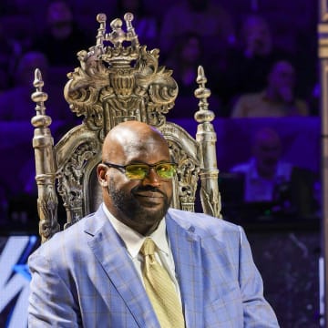 Feb 13, 2024; Orlando, Florida, USA; Shaquille O'Neal during a ceremony to retire his #32 jersey at Amway Center. Mandatory Credit: Mike Watters-USA TODAY Sports