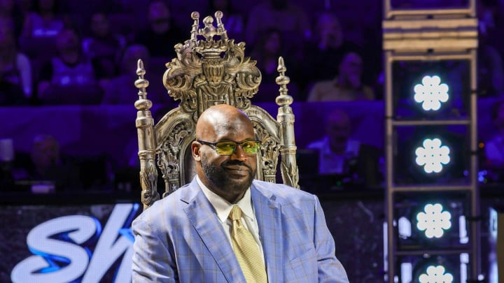 Feb 13, 2024; Orlando, Florida, USA; Shaquille O'Neal during a ceremony to retire his #32 jersey at Amway Center. Mandatory Credit: Mike Watters-USA TODAY Sports