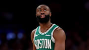Boston Celtics guard Jaylen Brown (7) reacts during the 2025 NBA Playoffs against the New York Knicks.