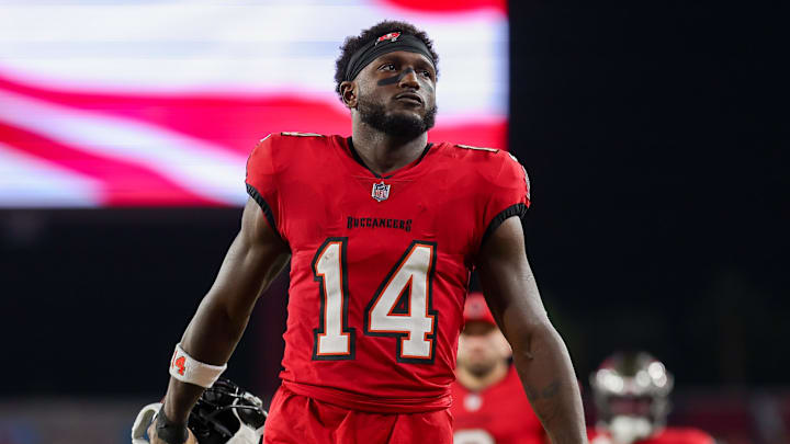 Oct 21, 2024; Tampa, Florida, USA; Tampa Bay Buccaneers wide receiver Chris Godwin (14) looks on before a game against theBaltimore Ravens at Raymond James Stadium.